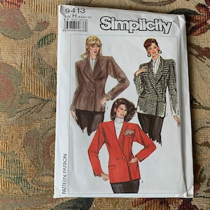 May include: A Simplicity sewing pattern for a blazer, with three different styles shown. The pattern number is 9413 and the size is H (8-8-10).