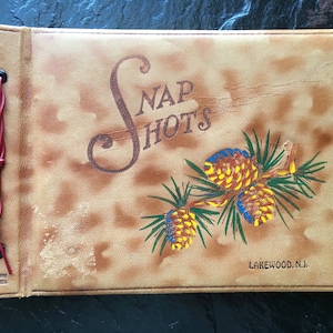 Vintage Lakewood, NJ Leather Snap Shots Book / 9,25 x 6,5" > leeg fotoalbum geschilderd met dennenappels > zwarte pagina's, echt leer, handtekeningen