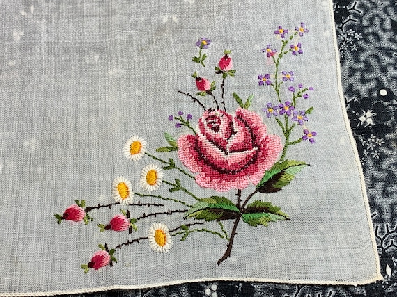 Vintage Micro Petit Point Floral Handkerchief // … - image 1