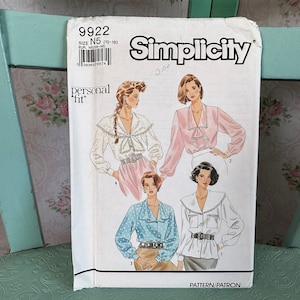 1990s Blouse Pattern // Simplicity 9922 &gt; sizes 10-12-14-16-18 &gt; Unused &gt; prairie style, button down, cape collar, cuffs, tie, ruffle, lace