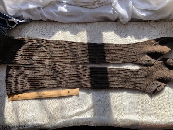 Antique Vintage Brown Knit Wool Stockings // 8.5"… - image 6