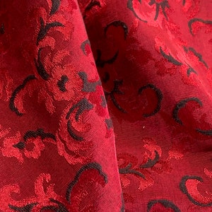 Vintage Red & Black Brocade Fabric Curtain Panel // 79x48&quot; &gt; gorgeous deep red, lined with off white cotton sateen &gt; silky, shiny, faille