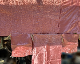 Vintage Pink Embroidered Satin Boudoir Set // X long pillow sham, tiny pillow covers, dresser scarf > bedroom, Hollywood glam 1930s-1940s
