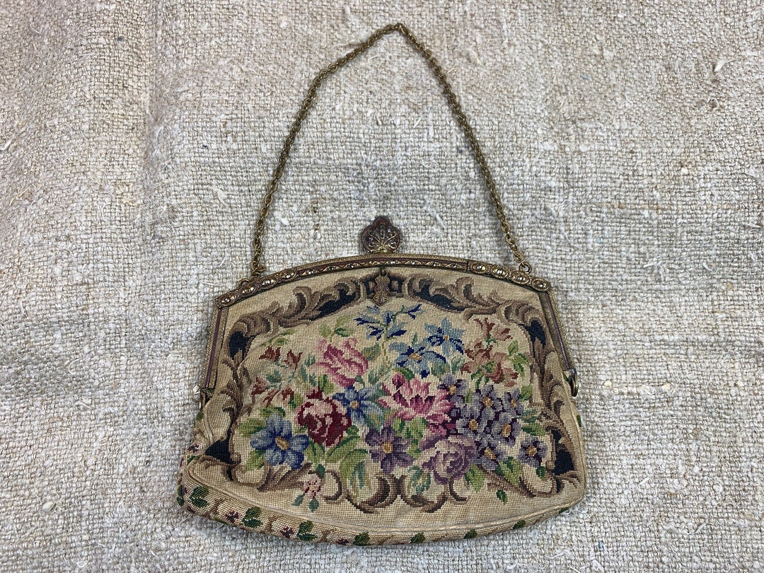 Vintage Micro Petit Point Floral Purse W/cut Steel & Metal