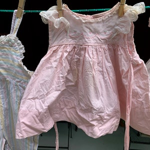Vintage Mid-Century Baby Dress // 12 Mos &gt; Nannette &gt; pink cotton, embroidered rosebuds on organza, sleeveless, organza shoulder ruffles