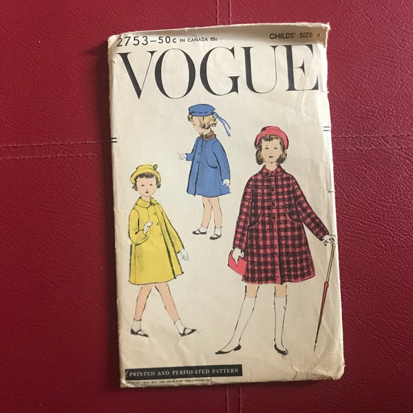 Vintage 1950s Child's Coat Pattern // Vogue 2753 > Size 4 > knee length cape coat with large pockets > dated 1956-1957