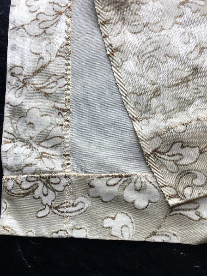 Vintage Curtain Panel 24x61x43 thin rayon satin printed with metallic gold floral scrolls Mid Century Decorator Fabric