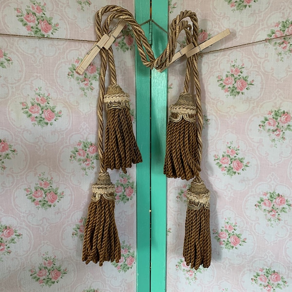 Vintage 2 Pairs Bullion Tassel Tie Backs // 7" long tassels plus tie back cords, ropes > ecru, beige, gold neutral