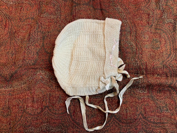 Antique Vintage Knit Ivory Wool Baby Bonnet, Cap … - image 5