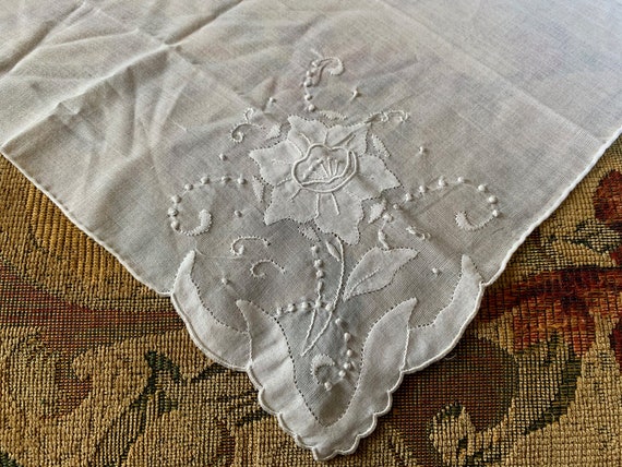 Vintage White on White Linen Handkerchief  10.5 square  drawnwork and appliqu\u00e9