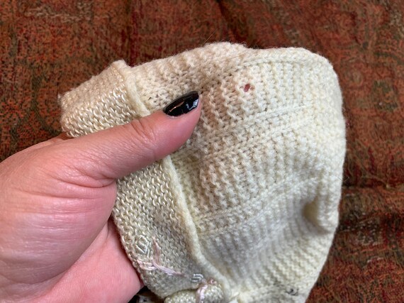 Antique Vintage Knit Ivory Wool Baby Bonnet, Cap … - image 10