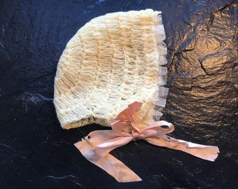 Antique Vintage Knit Ivory Wool Baby Bonnet, Cap // tulle netting face ruffle, pink silk satin ribbons