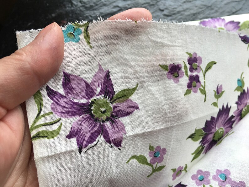 blue Vintage Purple Floral Cotton Muslin Fabric 27x36 and 60x36 green daisies and flowers Unused purple 2 pcs available