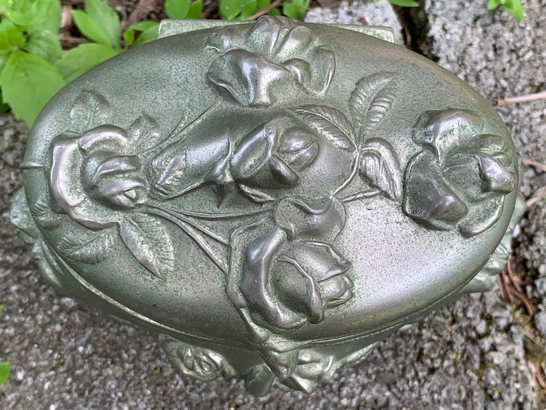 Antique Vintage Art Nouveau Jewelry Box relief roses Casket- Footed Hinged Lid 4.5 x 3.25 x 3.5 silver color cast metal