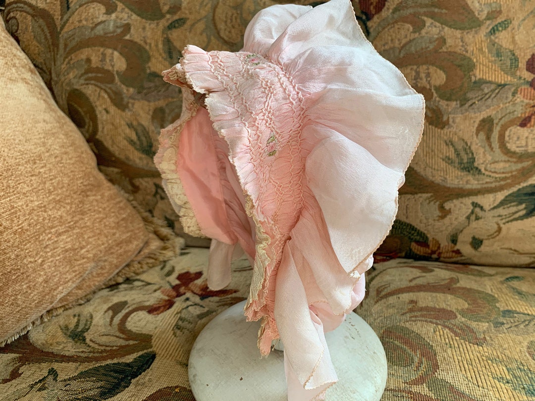 Antique beige Lace Bed Cap Pink rose Silk Ribbons Bow Morning Bonnet Hat s-l1200.jpg main image 3