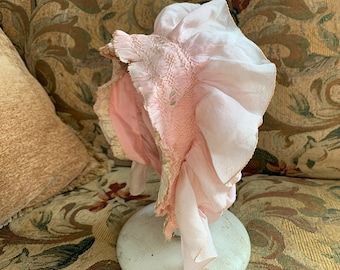 Antique Vintage Pink Silk Flower Ruffled Baby Bonnet, Cap // embroidered roses,  face ruffle, smocking, cotton Valenciennes lace