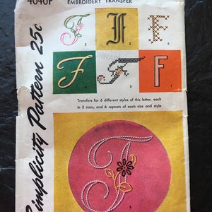 Vintage 1950s Monogram Letter F Embroidery Transfers Pattern // Simplicity 4040 F &gt; 6 different styles, each in 3 sizes and 6 repeats
