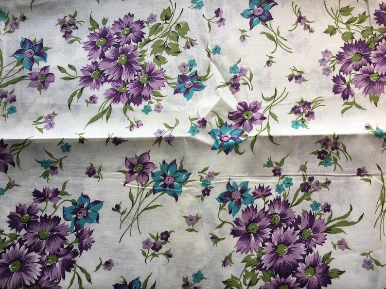 blue Vintage Purple Floral Cotton Muslin Fabric 27x36 and 60x36 green daisies and flowers Unused purple 2 pcs available