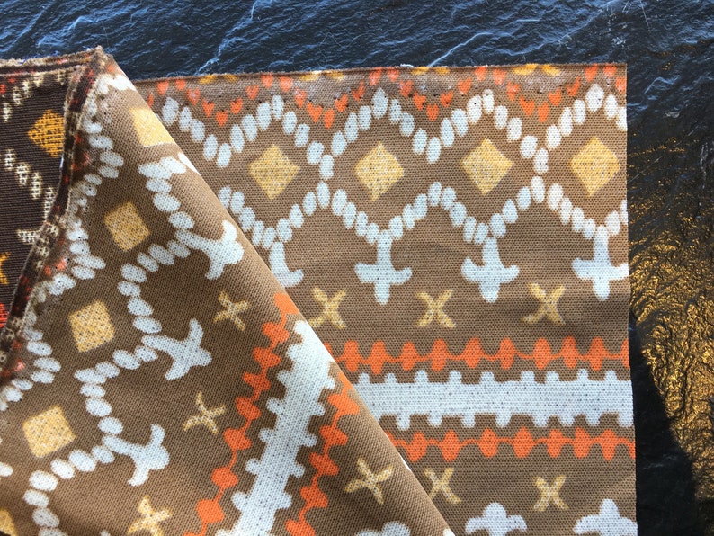 yellow boho hippy style brown with orange Vintage Geometric Polyester Knit Fabric 73x60 tribal print