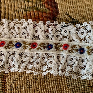 Vintage Floral Jacquard Ribbon & Ruffled Lace Trim // 36&quot; long x 1.5&quot; wide &gt; by the yard, BTY &gt; lace on each side, red, blue, green flowers