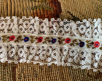Vintage Floral Jacquard Ribbon & Ruffled Lace Trim // 36" long x 1.5" wide > by the yard, BTY > lace on each side, red, blue, green flowers