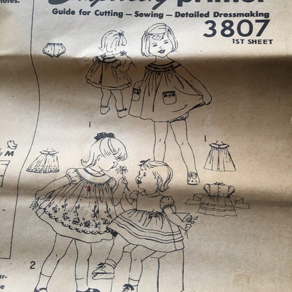 Vintage 1960s Girls Dress, Pinafore and Panties Pattern // Simplicity Primer 3807 > size 2 > full skirt, Peter Pan Collar, transfer, yoke