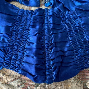 Antique Victorian Blue Silk Ribbon Cummerbund Belt, Sash // 5x30" > 1800s waistband with authentic baleen stays, large hooks & eyes