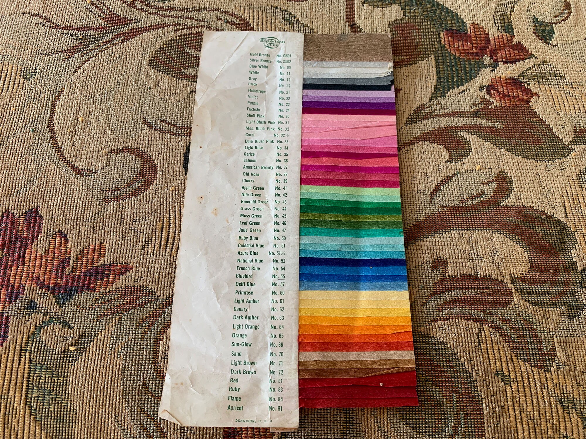 Antique Vintage Dennison Crepe Paper Sample Card // 9x4.75" > a rainbow of colors labeled with numbers