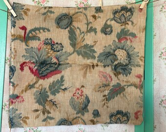 Victorian-Edwardian Warp Print Floral Linen Pillow Cover // 16x17.5" > Jacobean flowers, blue, hot pink, ecru > handmade cottage style
