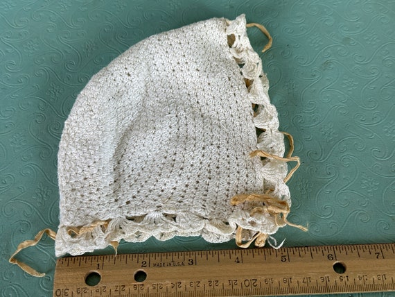 Antique Vintage Off-White Crocheted Baby Bonnet, … - image 8