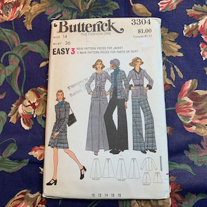 Peut inclure: Un patron de couture vintage pour une veste et un pantalon ou une jupe. Le patron est pour la taille 14, tour de poitrine 36. Le patron s'appelle "Easy 3" et a un motif à carreaux. Le patron est de Butterick, the fashion one, et est le numéro 3304.