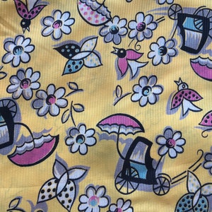 Vintage Novelty Print Rayon Fabric // 72x40" > deadstock > umbrella, baby buggies, daisies, flowers, birds, butterflies > yellow, pink, blue