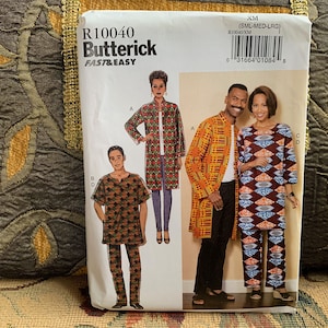 May include: A sewing pattern for two garments, a long-sleeved tunic and a matching pair of pants. The pattern is from Butterick, and the pattern number is R10040. The pattern is for sizes small, medium, and large.