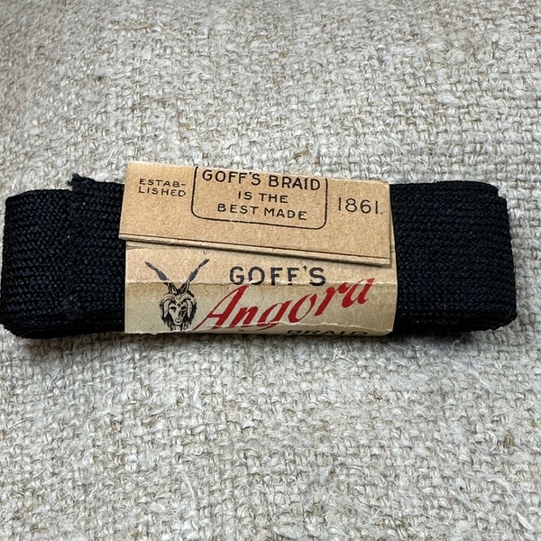 Antique Goff's Angora Braid Wool Tape // 7/8" > orig 1800s pkg, NOS deadstock > black > Victorian, 19th Century hem saver trim, goat head