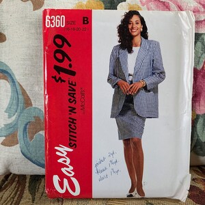 May include: A vintage McCall's sewing pattern showing a woman in a blue and white checked skirt suit. The pattern number is 6360, size B (16-18-20-22). The text "Easy Stitch 'n Save" is visible.