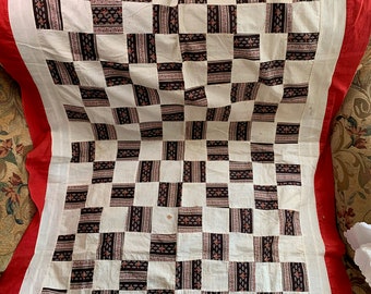 Antique Cotton Fabric Quilt Top // 48x38" > mid 1800s madder browns and turkey red border > small size, unused, Victorian, 1860s-1870s