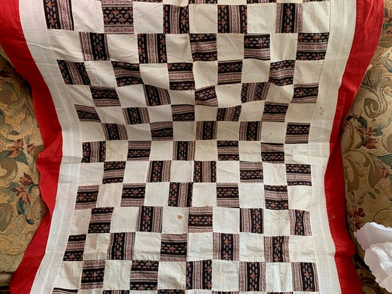 Antique Cotton Fabric Quilt Top // 48x38" > mid 1800s madder browns and turkey red border > small size, unused, Victorian, 1860s-1870s