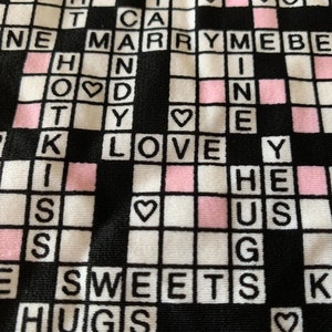 Vintage Novelty  Print Polyester Fabric // 47x60" > Valentine crossword- pink, black & white, hearts > marry me, be mine, kiss me sweetheart