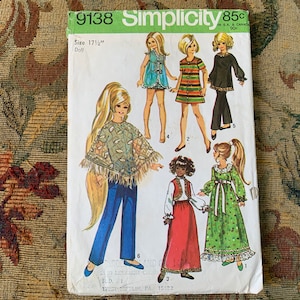 Vintage 1970s Doll Wardrobe Pattern // Simplicity 9138 &gt; 17 1/2&quot; size for Beautiful Crissy &gt; poncho, maxi, boho, mini, lingerie, bolero