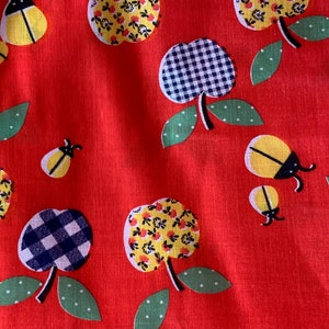 Vintage 1970s Novelty Calico Apples & Bugs Fabric // 36x45" BTY by the yard > patchwork style gingham check, small floral, dots print on red