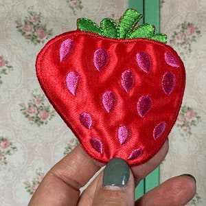 May include: Red satin strawberry patch with pink embroidered seeds.