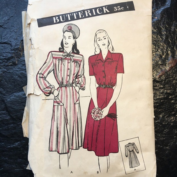 Vintage 1940s Shirtwaist Dress Pattern // Butterick 3736 > size 14, bust 32 > extended shoulders, gathered to yoke, pockets, classic style