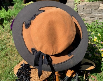 Antique Circa 1918 Suffragist Hat // rare embroidered tree &quot;Tenné&quot; silk label, wide brim brown w/ black velvet &gt; late 19-teens vintage