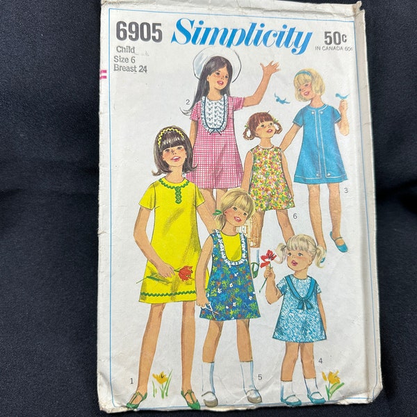 Vintage 1960s Child's One-Piece Dress Pattern // Simplicity 6905 > size 6 > collarless A-line, short sleeves or sleeveless, classic 60s