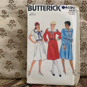 Vintage 1980s Dress Pattern // Butterick 4190 &gt; Size 6-8-10 &gt; preppy style, bow, gathered waistband, puffy sleeves, Bertha collar