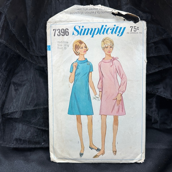 Vintage 1960s Misses' Dress in Half Sizes Pattern // Simplicity 7396 > Sz 18 1/2 bust 39 > princess dress, bias roll collar