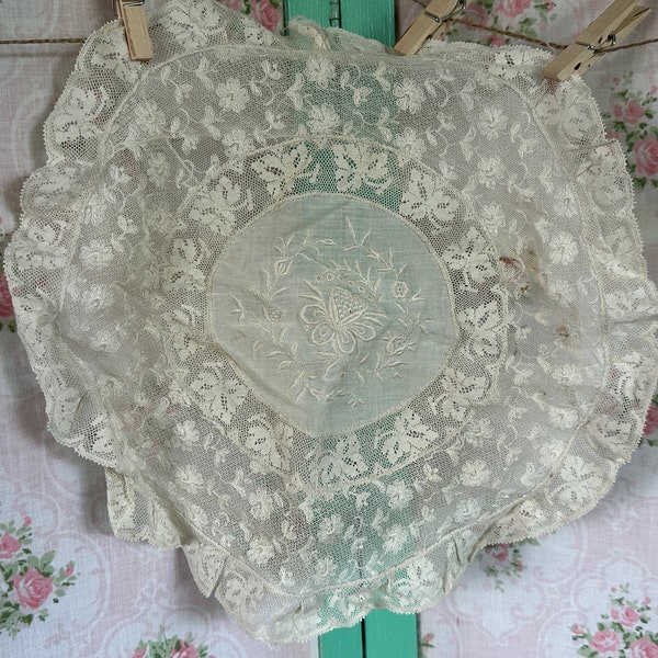 Antiker Vintage Tambour Lace Boudoir Kissenbezug // für 12" rundes Kissen > Netz, Valenciennes, bestickt, off-white, dekorativ