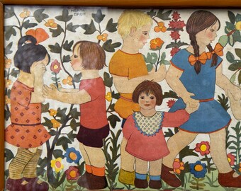 絵画 Family in the garden 20x 20cm 1920s Herta Breit Panoramic Children Lithograph Print