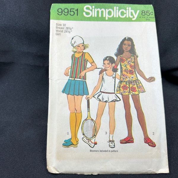 Vintage 1970s Girls' Mini-Dress w/ Two Skirts or Tennis Dress & Bloomers Pattern // Simplicity 9951 > Sz 10  or 12 > lowered waist, pleated