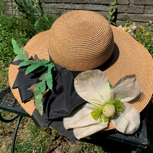 Vintage Wide Brim Straw Hat with Big White Flower & Black Ribbon Bow // Size 21.5, 6.5/8 > Kurt Jr. by Tom Hann